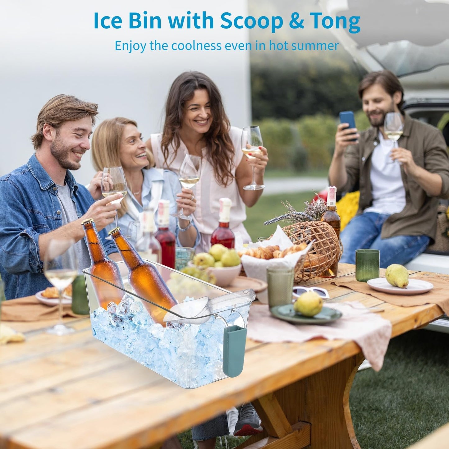 2 Pcs Ice Bin with Scoop and Tong, Ice Bucket with Handle for Freezer, 2 Sizes Clear Plastic Ice Container for DIY Drink Summer Party, 12.2 x 6.9 x 4.3 in, 12.2 x 4.9 x 4.3 in, Cyan