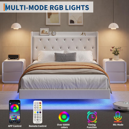 GAOMON Floating Bed Frame Full Size with LED Lights, Velvet Upholstered Platform Full Bed Frame with Wingback Storage Headboard, No Box Spring Needed, Easy Assembly, White