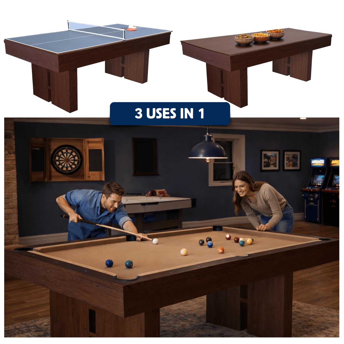 7 FT Pool Table with Dining Top, 3-in-1 Combo Game Table Billiards, Ping Pong and Dining Table. NEW & Improved Design 2026! (Table Only)