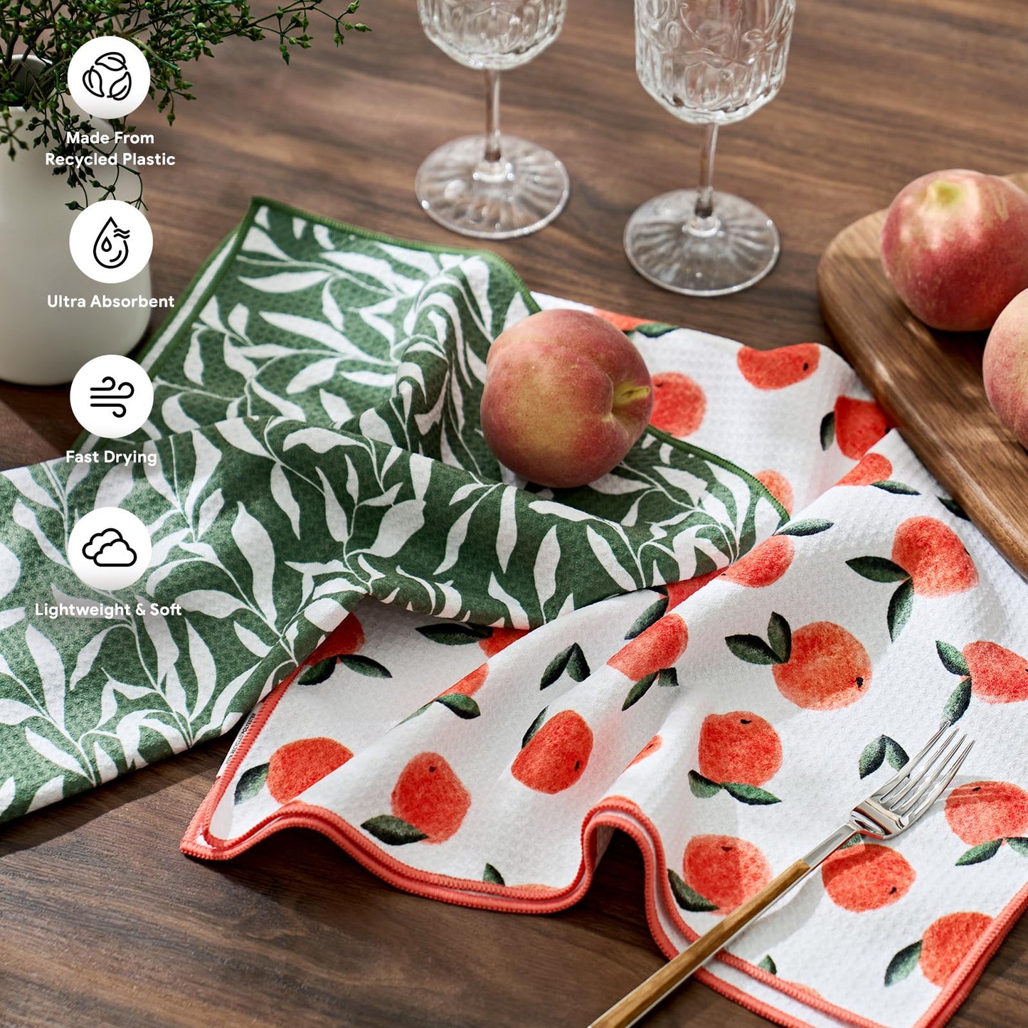 RECYCO Waffle Kitchen Towel Set of 2 - Quick Dry Microfiber Sustainable Dish Towels - Ultra Absorbent Reusable Cleaning Tea Towels - Lightweight Hand Towels,16”x 28”, Peachy Leaves