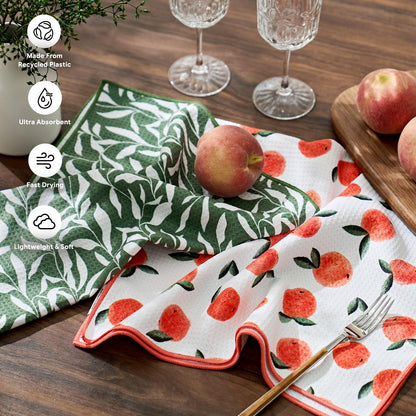RECYCO Waffle Kitchen Towel Set of 2 - Quick Dry Microfiber Sustainable Dish Towels - Ultra Absorbent Reusable Cleaning Tea Towels - Lightweight Hand Towels,16”x 28”, Peachy Leaves