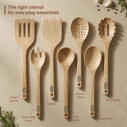 Koppen Rubber Wood Kitchen Utensils Set, Durable Wooden Cooking Spoon and Spatula Ladle for Nonstick Cookware, Non Toxic, Heat Resistant, Smooth Grip, Modern Elegant Design for Everyday (7 Piece Set)