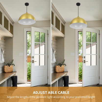 YOGIRL Gold Pendant Light, 20" Farmhouse Ceiling Light with Gold and White, Elegant Semi-Circular Shade Design, Adjustable Height Industrial Dome Pendant Lights for Kitchen Island, Dining Room