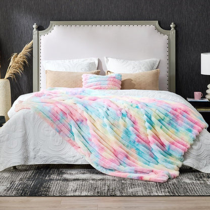 Cozy Bliss Faux Fur Throw Blanket for Couch, Cozy Warm Plush Striped Blanket for Sofa Bedroom Living Room, 50 * 60 Inches Tie-dye Rainbow