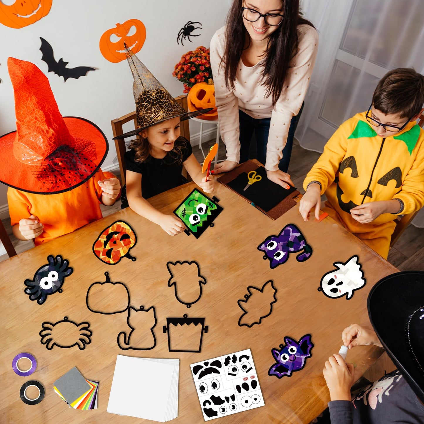 Lonfliness 36 Set Halloween Suncatchers Craft for DIY Pumpkin Ghost Cat Spider Window Tissue Paper Craft Kit Hanging Decor for Home Activity Art Project Birthday Party Favor Gift
