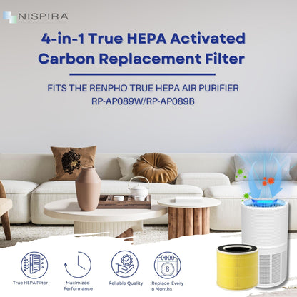 Nispira RP-AP089-F1 Replacement Filter For RENPHO Air purifier RP-AP089W RP-AP089B RP-AP089S 4-in-1 True HEPA Activated Carbon, 1 Pack