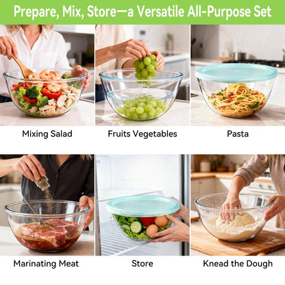 YUANYE 4 Pack Glass Mixing Bowls with Lids Set (3/1.7/0.9/0.6QT),Thick Glass Large Salad Bowl Set, Nesting Kitchen Bowls for Serving, Prepping, Cooking and Baking, Dishwasher, Oven,Microwave Safe