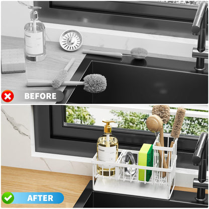 Cisily Sink Caddy Sponge Holder - Stainless Steel Rustproof, High Brush Holder, Dish Sponge Organizer with Divider (White)