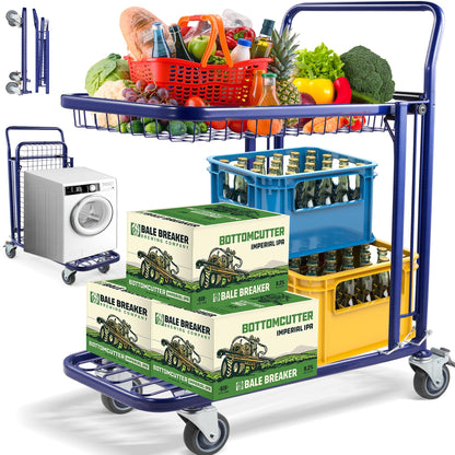 Osluken Upgraded Metal Shopping Cart with Wheels, 700 LBS Heavy Duty 2-Tier Grocery Cart, Detachable Utility Hand Truck Dolly for Home， Supermarket，Warehouse