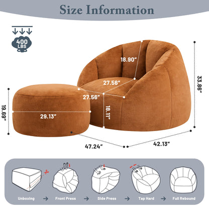 GRANDJOY Oversized Bean Bag Chair with Ottoman, Premium Foam Filling, Relaxing Lounger for Adults & Kids, Orange