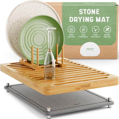 NIUM Stone Drying Mat for Kitchen Counter & Bamboo Rack - 16″x12″ - Diatomaceous Earth Dish drying mat Ultra Absorbent & Fast Drying - EcoFriendly with Non-Slip Pads & Anti-Moisture Design
