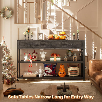 Ecoprsio 47'' Entryway Table with Outlets and USB Ports, Console Table with 3 Drawers, Sofa Table Narrow Long with Storage Shelves for Living Room, Couch, Hallway, Foyer, Kitchen Counter, Grey