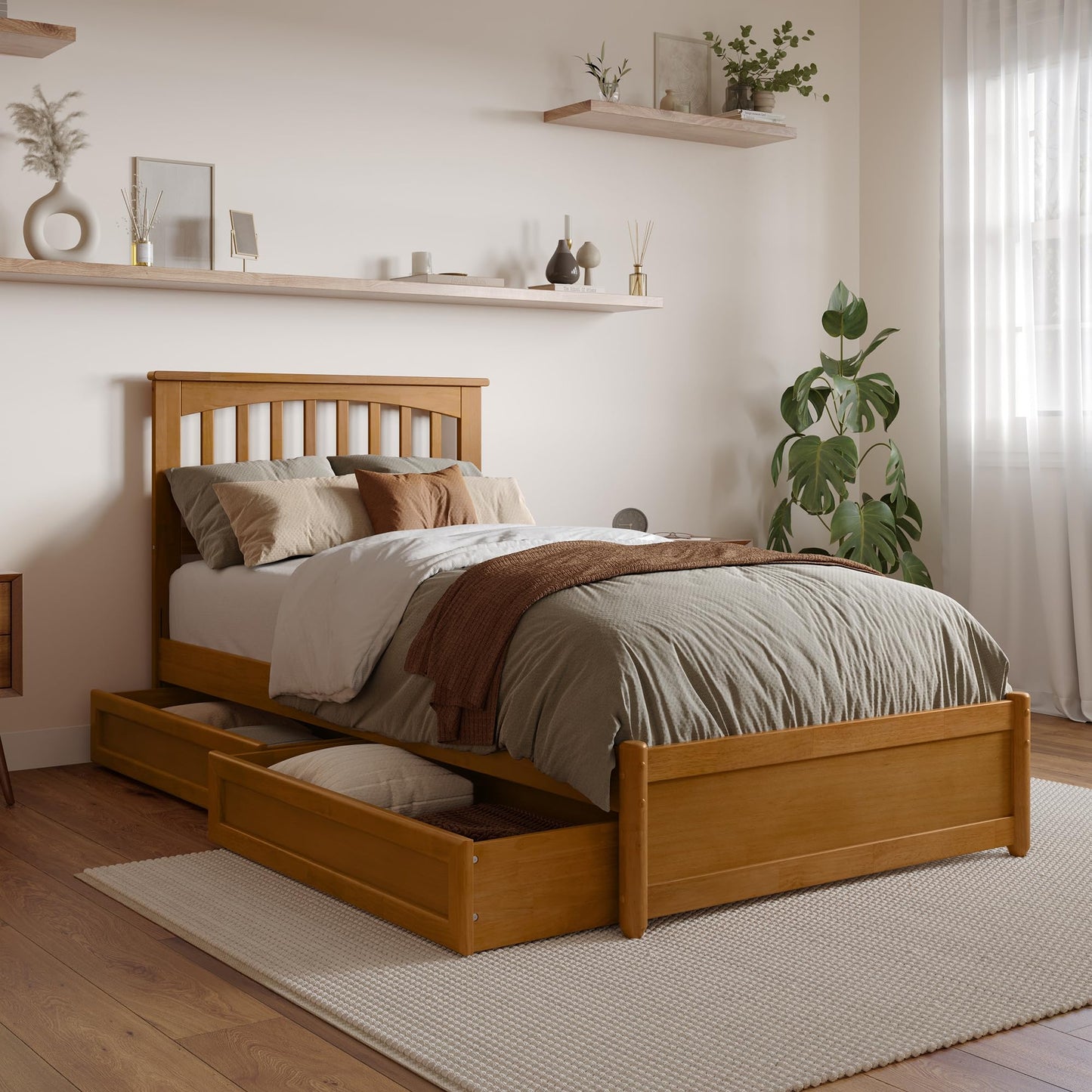 AFI, Everett Twin XL Platform Bed with Panel Footboard & Storage Drawers, Light Toffee