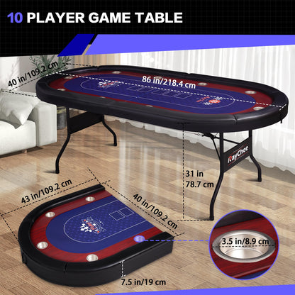 RAYKEEP 86" Large Foldable Poker Table, 10-Player Casino-Style Texas Holdem & Blackjack Game Table with Cup Holders, Padded Rails for Home Game Room, Family Nights, and Parties (Black)