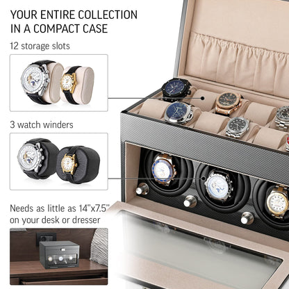 Watch Winder and Storage box for winding 3 Automatic Watches and 12 Watch Storage Space (Carbon + Beige)