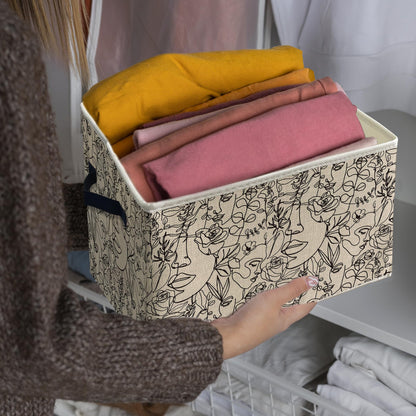 Knibeo Modern Abstract Women Faces Floral Fabric Storage Bins for Shelves Closet, Minimalist Boho Botanical Aesthetic Collapsible Cube Baskets Organizer for Clothes Books Toys