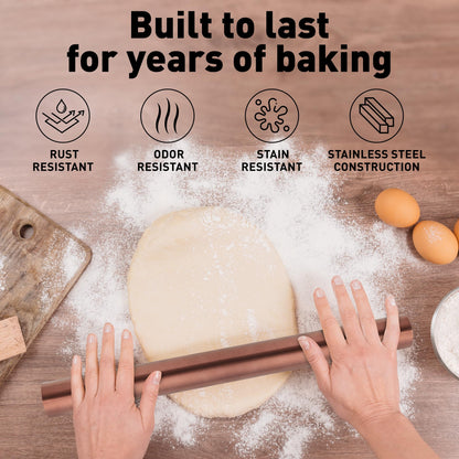 Zulay Kitchen 15.9 inch Professional Stainless Steel Rolling Pin - Lightweight Metal French Rolling Pin - Perfect for Baking, Fondant, Pizza Dough Roller, Dumpling - Copper