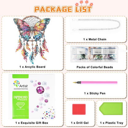 KEYIFA Butterfly Diamond Art Hanging Kits with Chain, Special Shaped Drill Diamond Painting Pendant, Dreamcatcher Crystal Gem Art Pendant 5D Window Crafts for Wall Garden Door Decor, Width 7.9inch