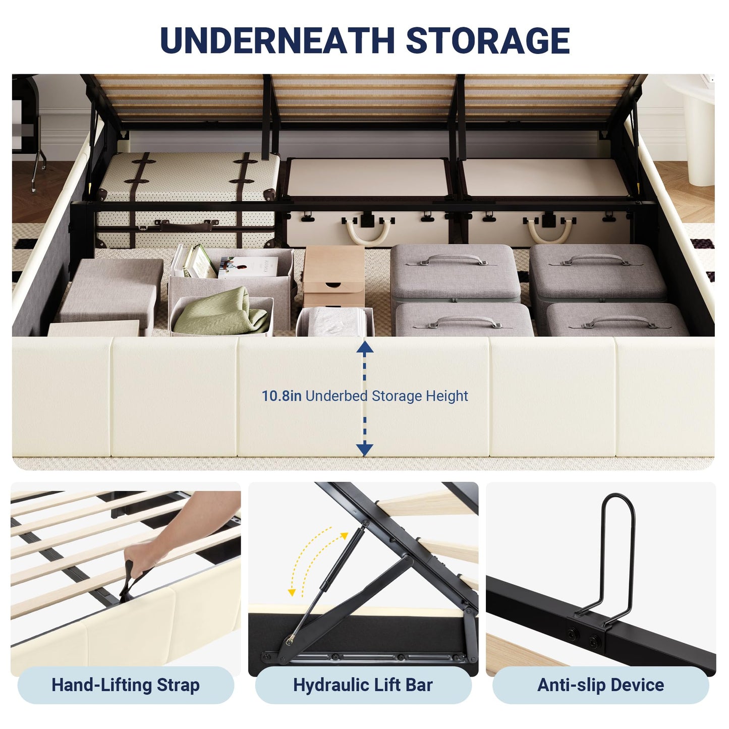 Allewie King Size Velvet Lift Up Storage Bed Frame, Vertical Channel Tufted Headboard, Hydrualic Underneath Storage, Upholstered Platform Bed, Wooden Slats Support, No Box Spring Needed, Cream