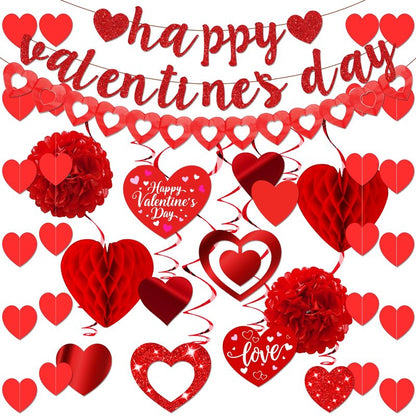 26Pcs Valentines Day Decorations Hanging Swirls Valentines Day Decorations Happy Valentine's Day Love Heart Garlands Banner Paper Honeycomb for Home Classroom Office Wedding Party Anniversary