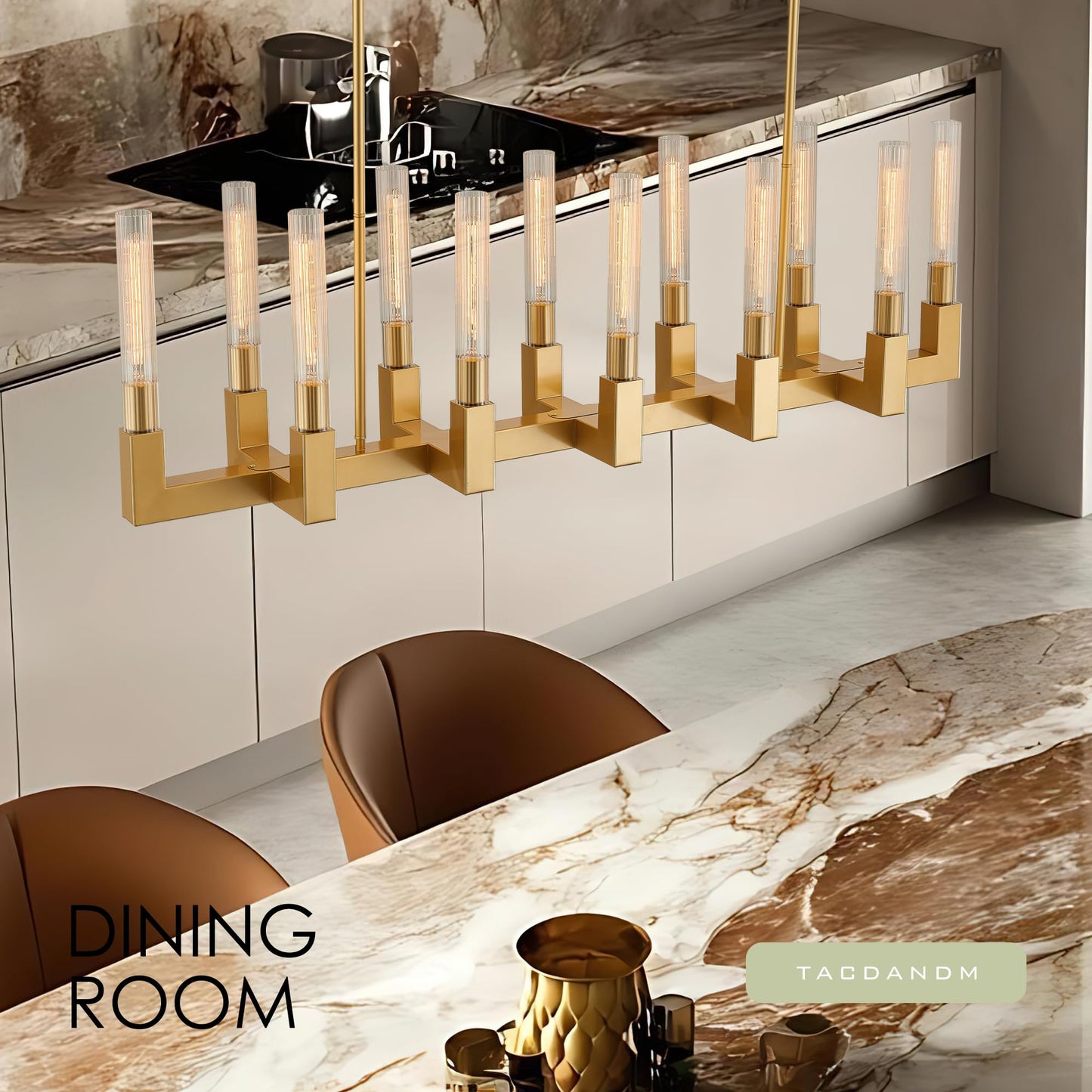 TACDANDM 54-inch Linear Dining Room Pendant Light Fixture with Glass Tube,Gold Rectangular 12-Lights Industrial Kitchen Island Lighting Over Table(Included E26 Bulbs)