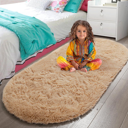 2.6' 5.3', LOCHAS Bedroom Rug x Beige Fluffy Shaggy Area Rug for Bedroom Bedside, Soft Oval Throw Rugs Carpet for Kids