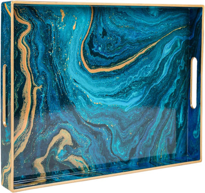 15.7 11.8 MAONAME Plastic Decorative Tray, Marbling Tray with Handles, Rectangular Coffee Table Trays, Blue Serving