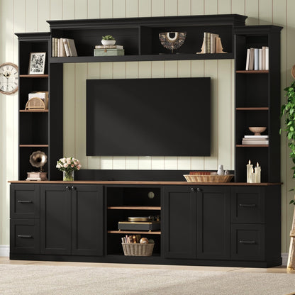 Merax 4-in-1 Wall Unit Entertainment Center with Bookshelf for TVs Up to 70", Farmhouse Large TV Stand with Walnut Adjustable Shelves, Elegant Retro Media Console with Drawers for Living Room, Black