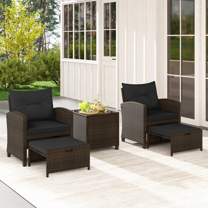 Tangkula 5 Pieces Patio Conversation Set, PE Wicker Rattan Outdoor Furniture Set with 2 Chairs, 2 Ottomans & Tempered Glass Coffee Table, Ideal for Poolside, Backyard, Lawn, Deck, Mix Brown & Black
