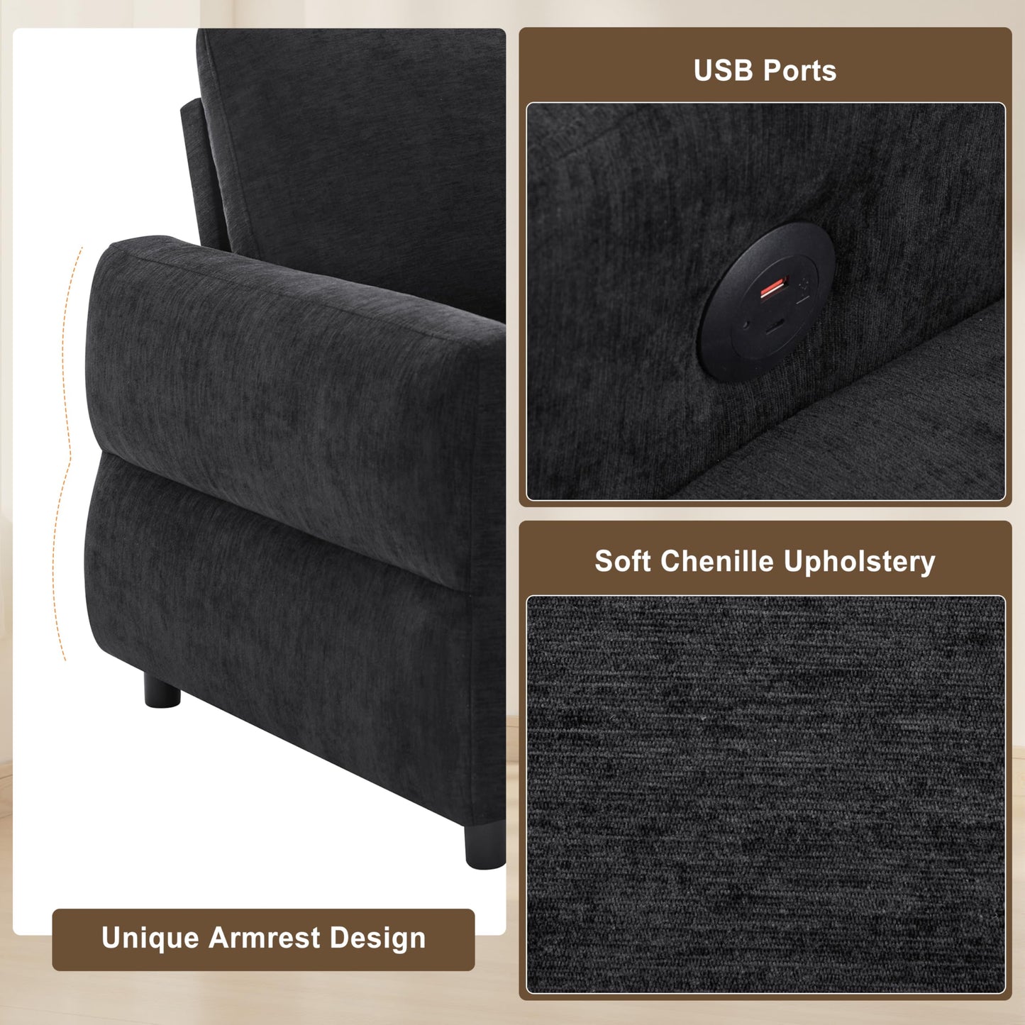 Eafurn 3 in 1 Convertible Sofa Bed Pull Out Sleeper Couch Bed - Modern Futon Loveseat Sleeper Sofa with Adjustable Reclining Backrest & USB Ports for Living Room, Chenille Fabric