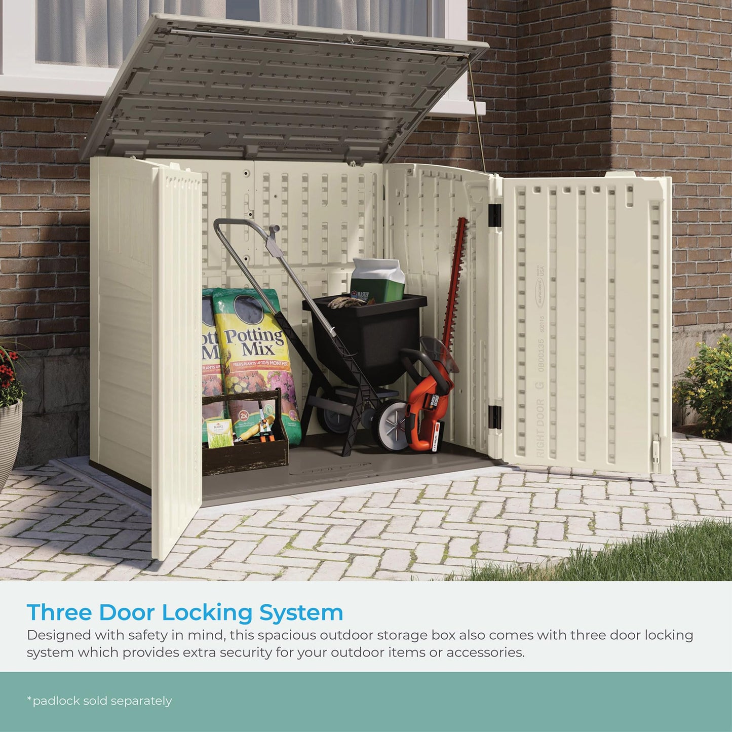 Suncast 34 Cu Ft Horizontal Resin Storage Shed - Outdoor Storage Shed with Floor Included, Lockable, Weatherproof, Fits Small to Medium Trash Cans, Generators, & Garden Tools, Vanilla Stoney