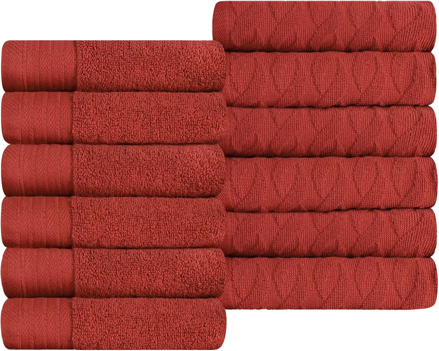 Superior Turkish Cotton Jacquard Solid 12-Piece Washcloth/Face Towel Set, Quick Dry Small Decorative Towels in Maroon