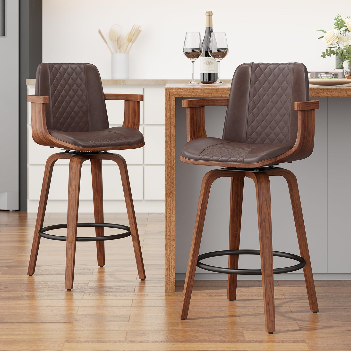 YaFiti Swivel Bar Stools Set of 2, 26" Counter Height Barstools with Wood Legs and Backs, Upholstered PU Leather Bentwood Frame Bar Chairs with Armrest for Kitchen Island, Dining Room, Brown