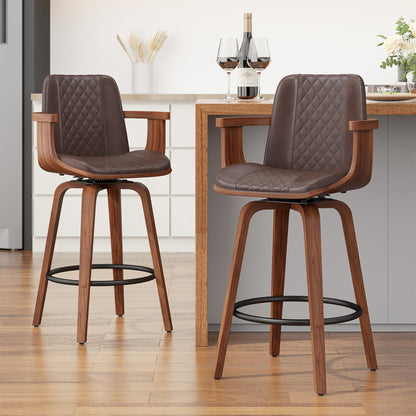 YaFiti Swivel Bar Stools Set of 2, 26" Counter Height Barstools with Wood Legs and Backs, Upholstered PU Leather Bentwood Frame Bar Chairs with Armrest for Kitchen Island, Dining Room, Brown