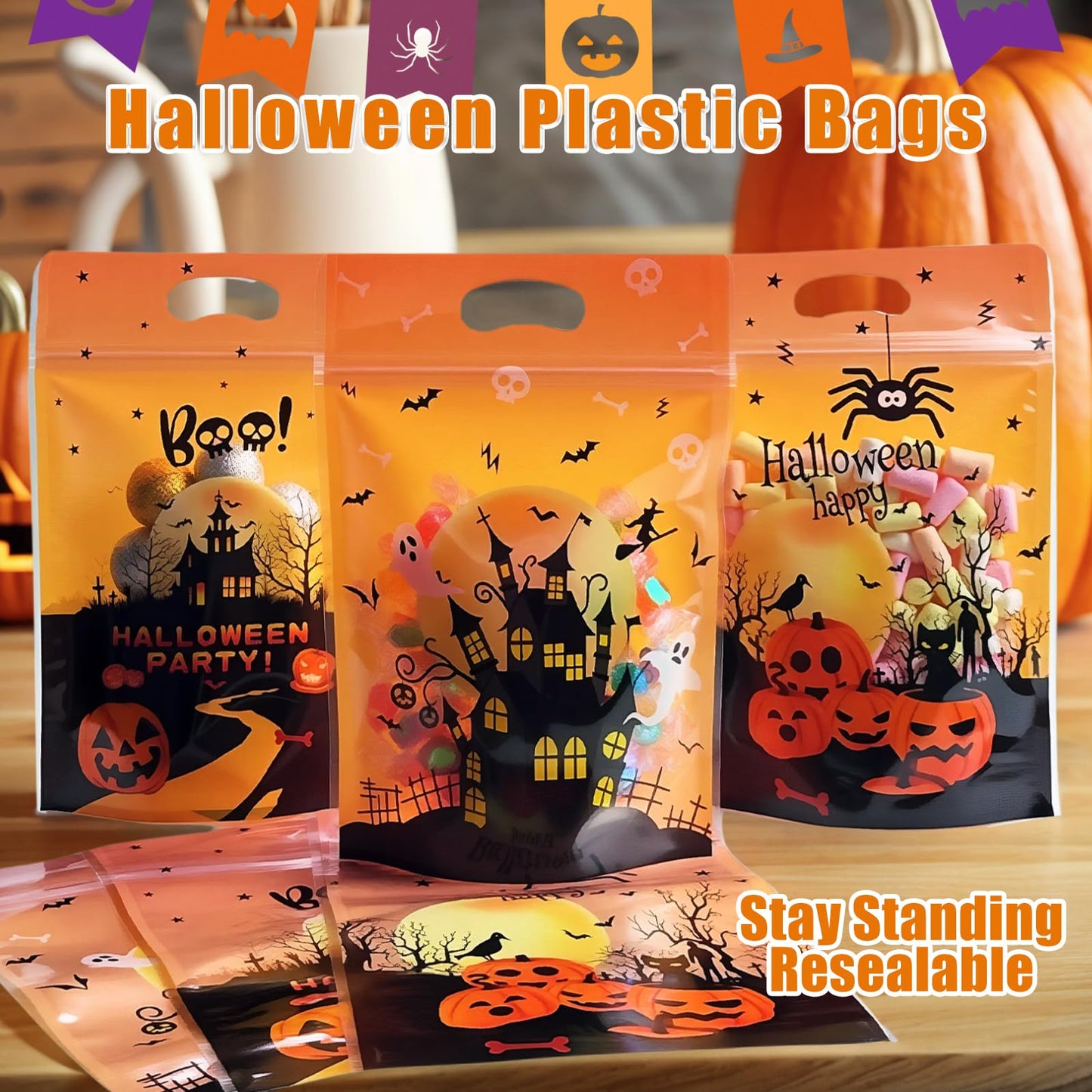 Halloween Ziplock Treat Bags 50 Pcs Goodie Plastic Bags with Zipper & Handles，Resealable Candy Bag for Trick or Treat, Party Favors, Classroom Halloween Supplies