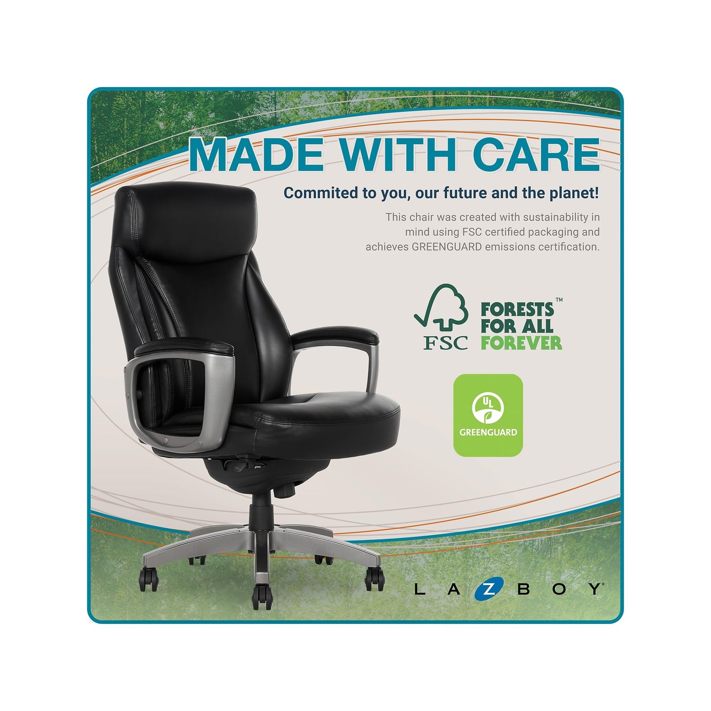 La-Z-Boy Arcadian Ergonomic Executive Chair, Bonded Leather, Black, 29.5D x 28W x 43.25-46.25H inches, 275 lbs Weight Capacity