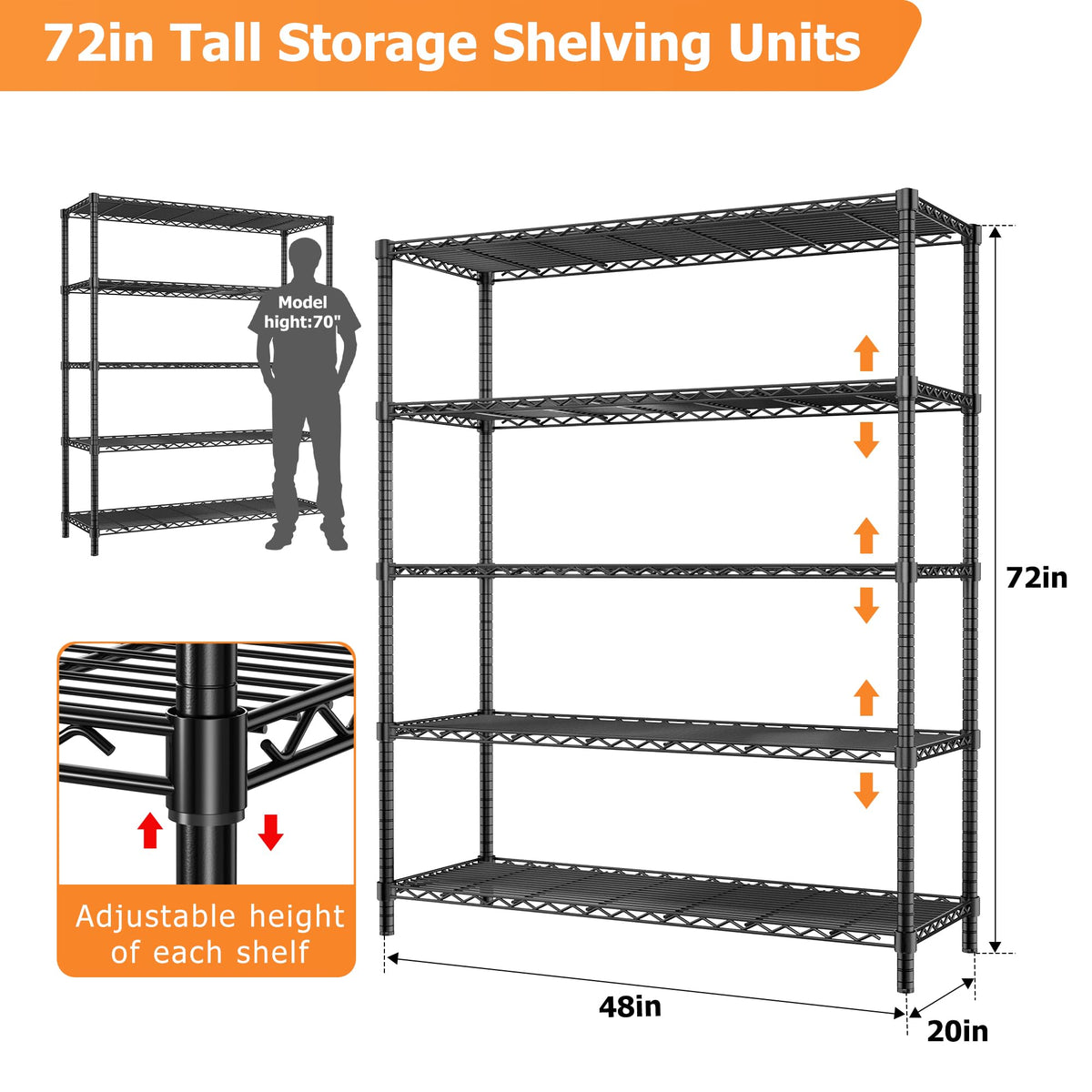 Storage Shelves Heavy Duty, 2 PCS 48" L x 20" W x 72" H Garage Wire Shelving Unit Loads 2000LBS, 5-Tier Adjustable Metal Industrial Utility Shelf Rack for Kitchen, Laundry Room, Warehouse, Basement
