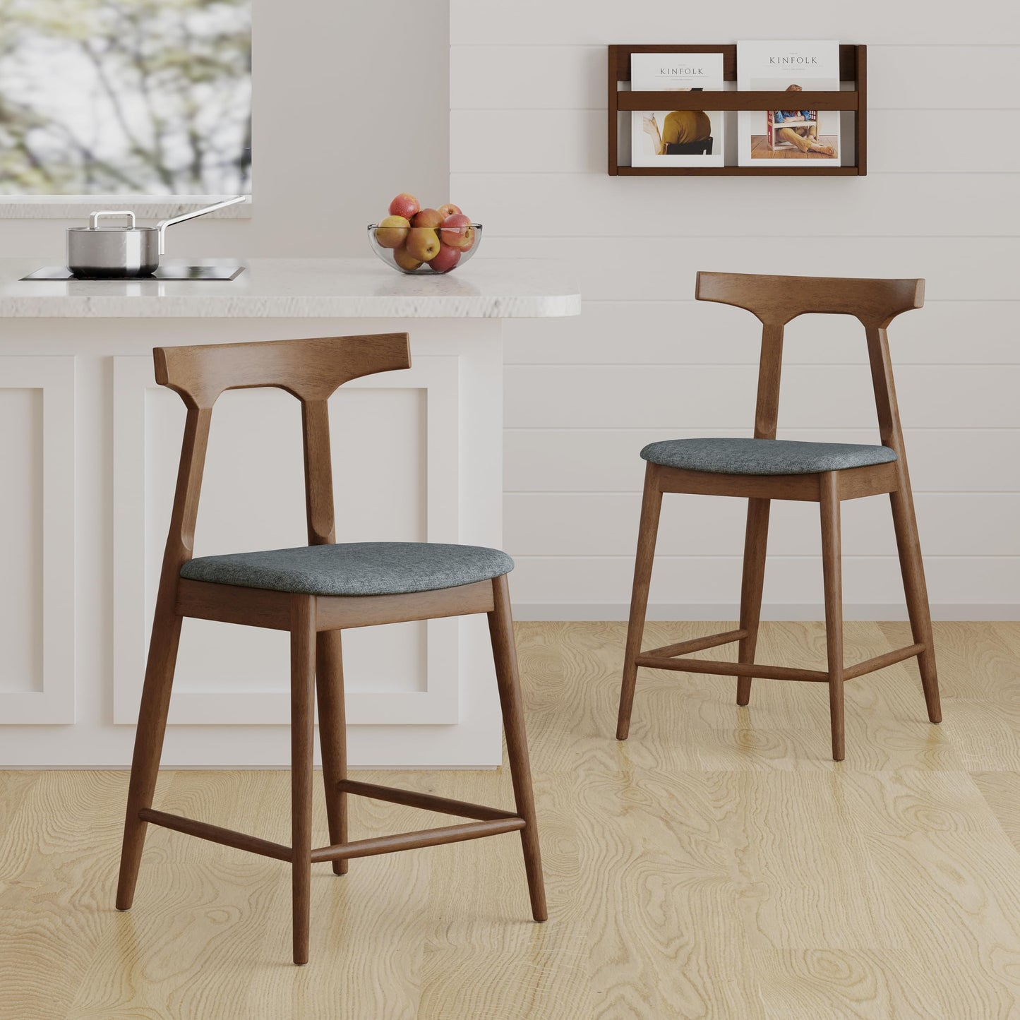 Christopher Knight Home Mugo Mid Century Modern Fabric Upholstered Wood 24.5 Inch Counter Stools (Set of 2), Gray and Walnut