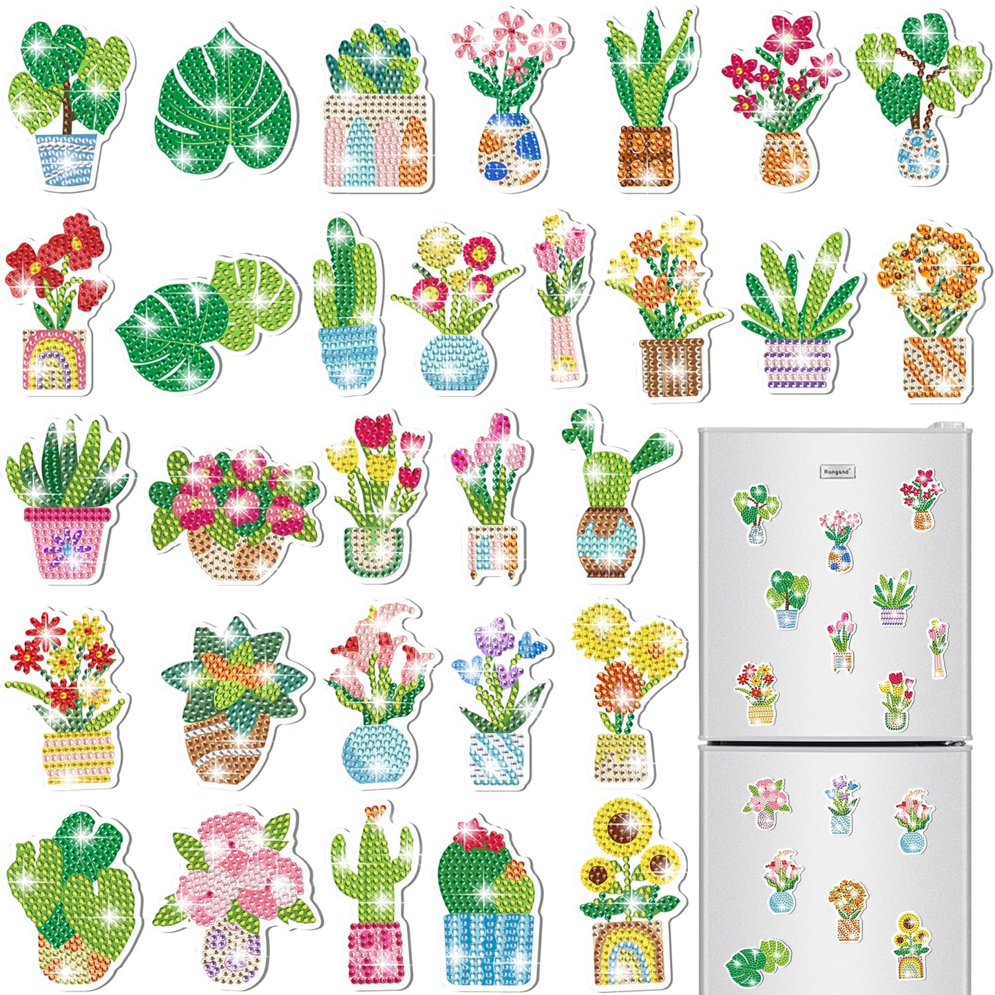 30 Pcs Flower Diamond Art Magnets, DIY Painting Kits for Refrigerator Decor, Creative Plant Pot Crafts for Adults Home Office