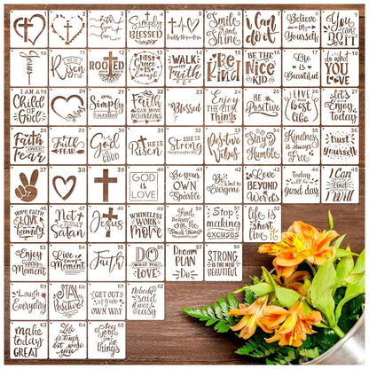 65Pcs Small Stencils for Painting on Wood BurningReusable, 3 Inch Reusable Stencil for Craft Ornament Paint Template Stencils for Wall Card Rock Wood Signs Coasters Canvas Home Decor (Bible Words)