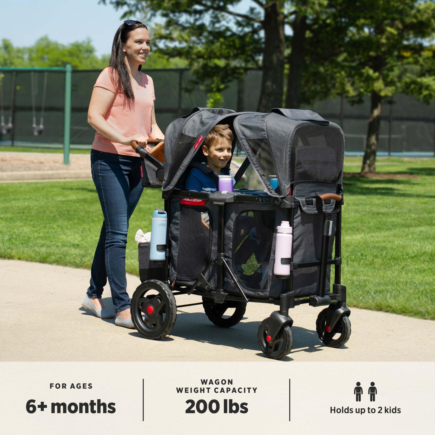 Radio Flyer Voya Stroller Wagon, for Ages 6+ Months, Extra Tall Sides, Push or Pull, 2 Seats, Dual Sun Canopies, Compact Fold, Lightweight, Storage Space, 5-Point Harnesses, Stroller Wagon for Kids