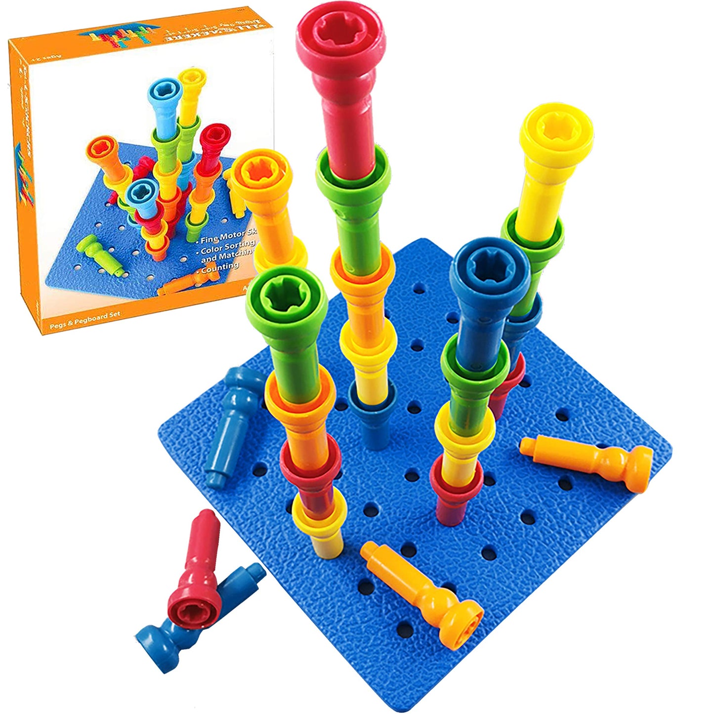 VIPAMZ Peg Board Set Toys-Montessori Occupational Therapy Fine Motor Skills Toy, Suitable for Toddlers and Preschoolers Over 3+ Year Old. 25 Tall-Stacker Pegs Rubber 8" Pegboard