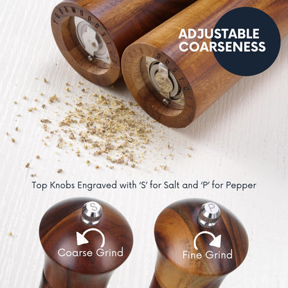 Wooden Salt and Pepper Grinders Set Mill with Tray, Premium Acacia Wood, 100% Plastic Free, Adjustable Coarseness with Stainless Steel and Ceramic Core, Great Gift, 8” Set of 2