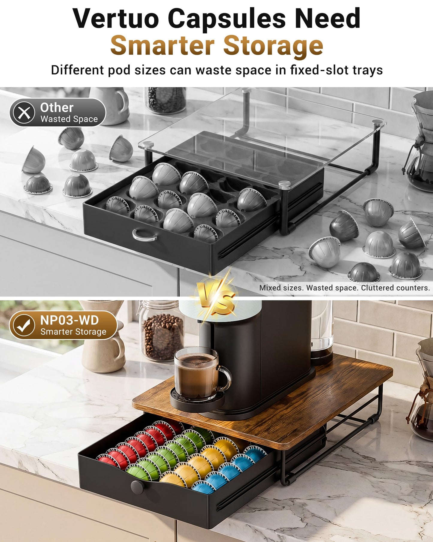 EVERIE Coffee Pod Holder Drawer, Compatible with Nespresso Vertuo Capsules, Holds 40 Large or 52 Small Pods, Flexible Slots for 4 Capsule Sizes, Rustic Brown Countertop Organizer, 15.6" Dx13 Wx3.7 H