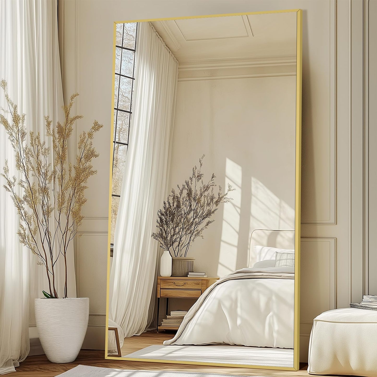 82"X44" Full Length Mirror with Stand, Oversized Floor Mirror Full Length, Tempered Glass Extra Large Free Standing Mirror for Gym Bedroom Living Room Clothing Store, Aluminum Alloy Frame, Gold