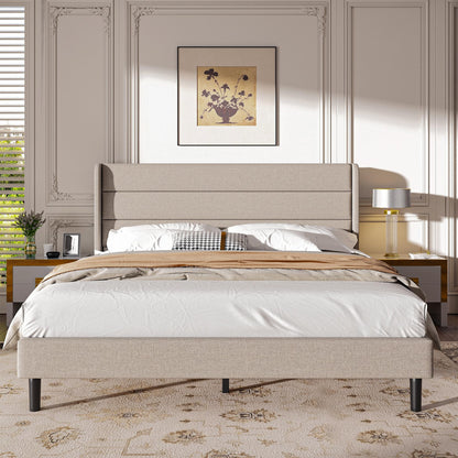 Mxhtcewz King Size Upholstered Platform Bed Frame, Modern Linen Fabric Bed with Wingback Headboard, Sturdy No Wobble, Noise-Free & Easy Assembly, No Box Spring Needed, Beige