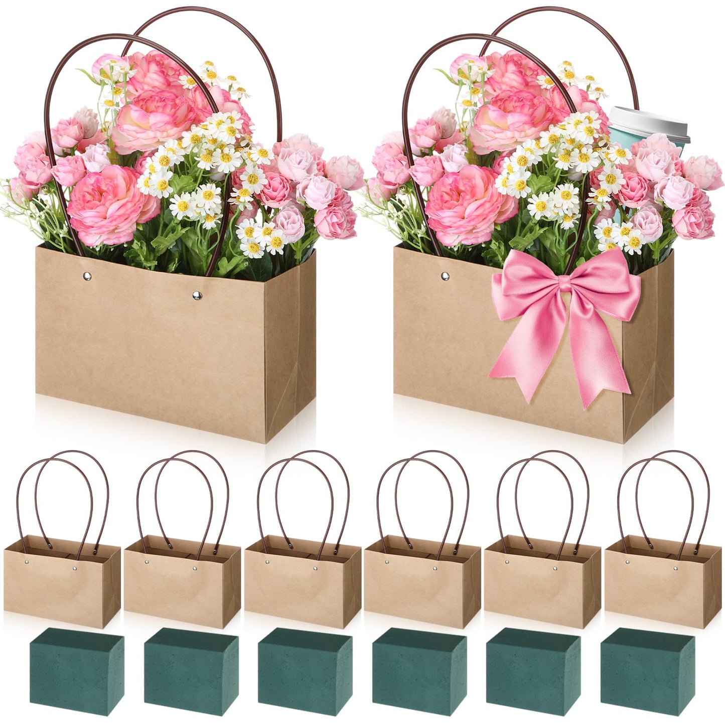 6 Set Mother's Day Flower Gift Boxes with Floral Foam Blocks, Bouquet Carrier Bags with Handle, Paper Flower Box for Bouquet, Floral Arrangement Box for Birthday, Wedding Party Favor(Brown)