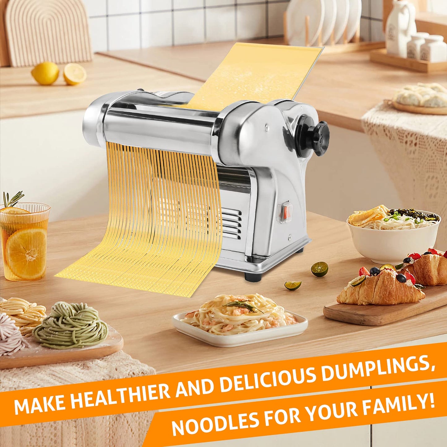 WICHEMI Electric Pasta Maker Machine 3 IN1 Pasta Dough Spaghetti Roller Noodle Pressing Machine Stainless Steel 135W for Home Family Use (2.5mm round noodle+4mm flat noodle+9mm flat noodle)