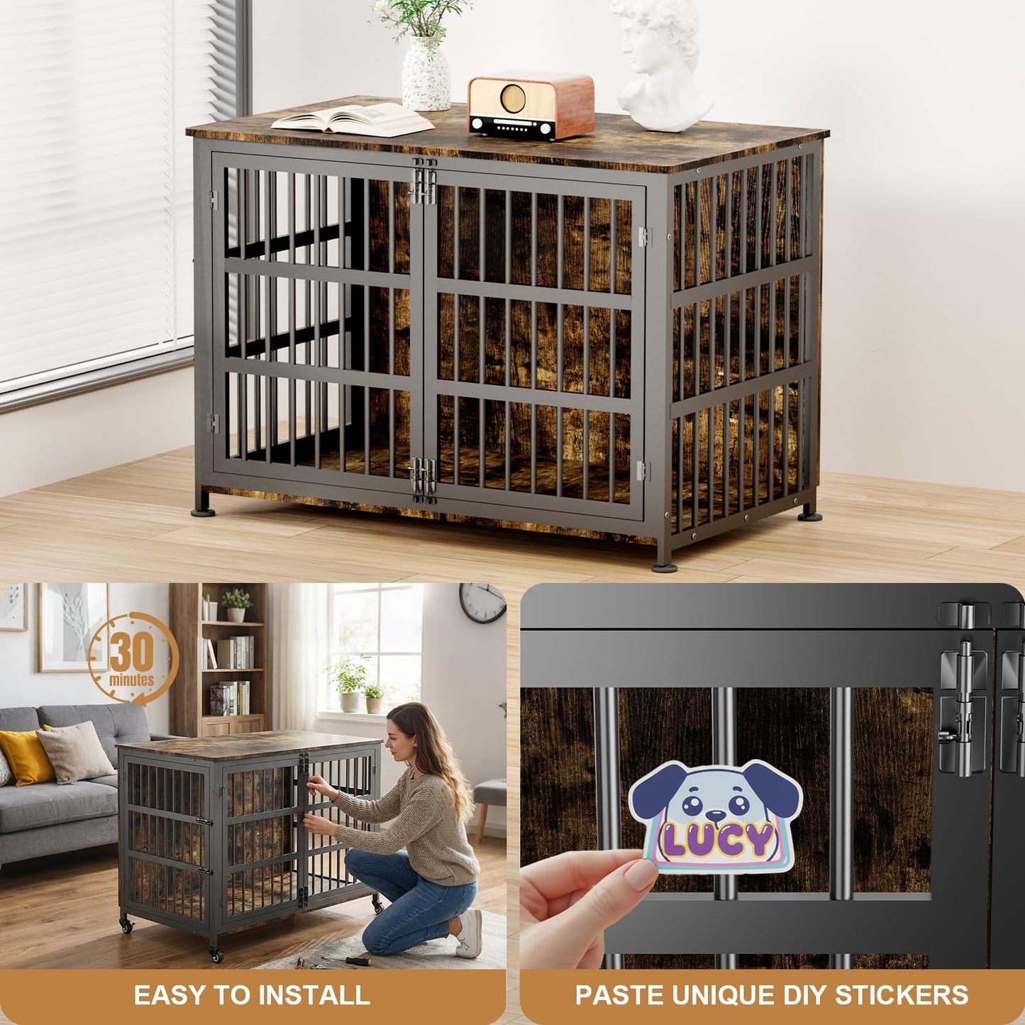 46" Dog Crate Furniture with Wheels, XXL Heavy Duty Dog Kennel Indoor for XL Dogs, Metal Chew-Proof Dog Cage, 45.9" L x 27.6" W x 32.4" H, Decorate House as TV Stand, End Table — Rustic Brown
