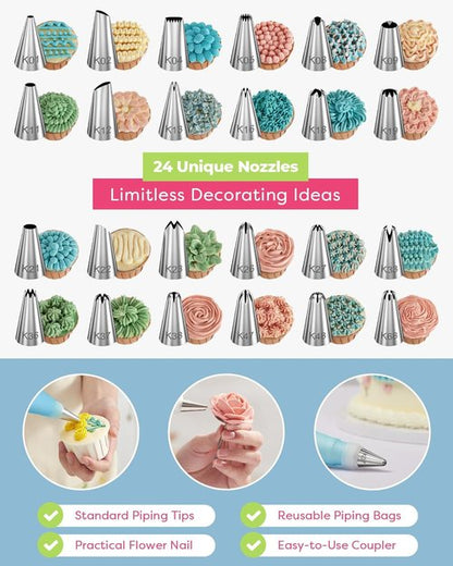 Kootek 32-Piece Cake Decorating Kit - 24 Icing Piping Tips & 2 Reusable 12-Inch Pastry Bags
